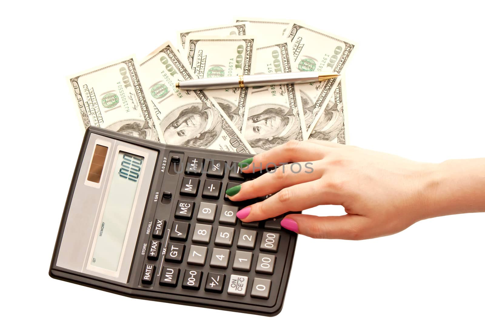 Calculator, pen, money and woman's hands
