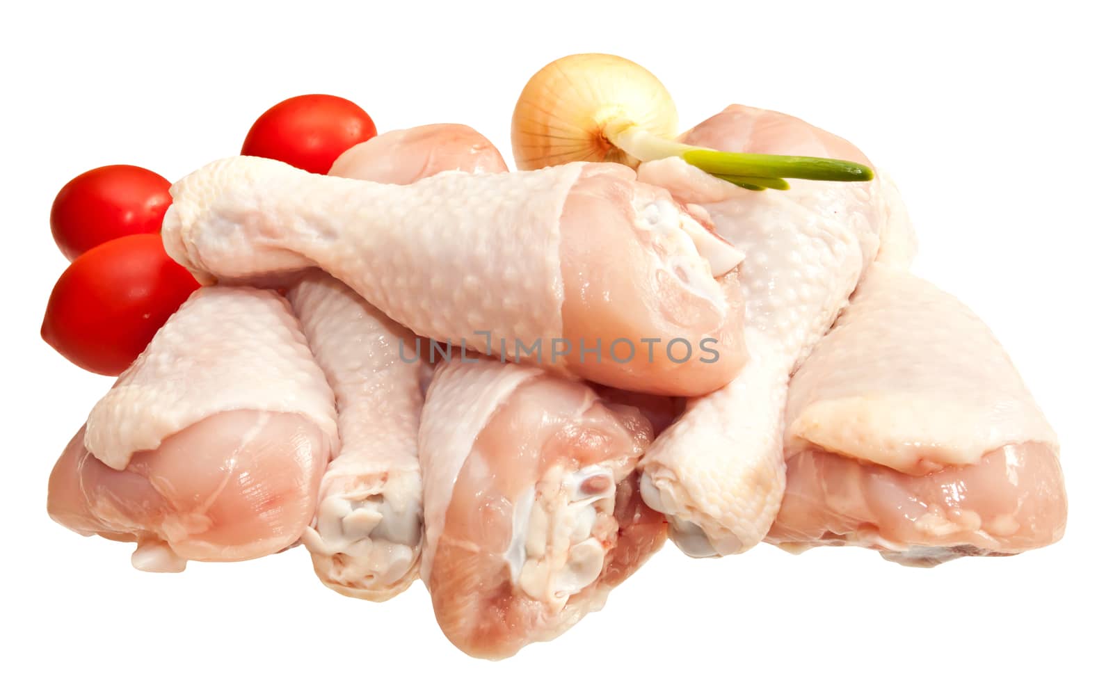 Raw chicken legs with vegetables, isolated on white background by evp82