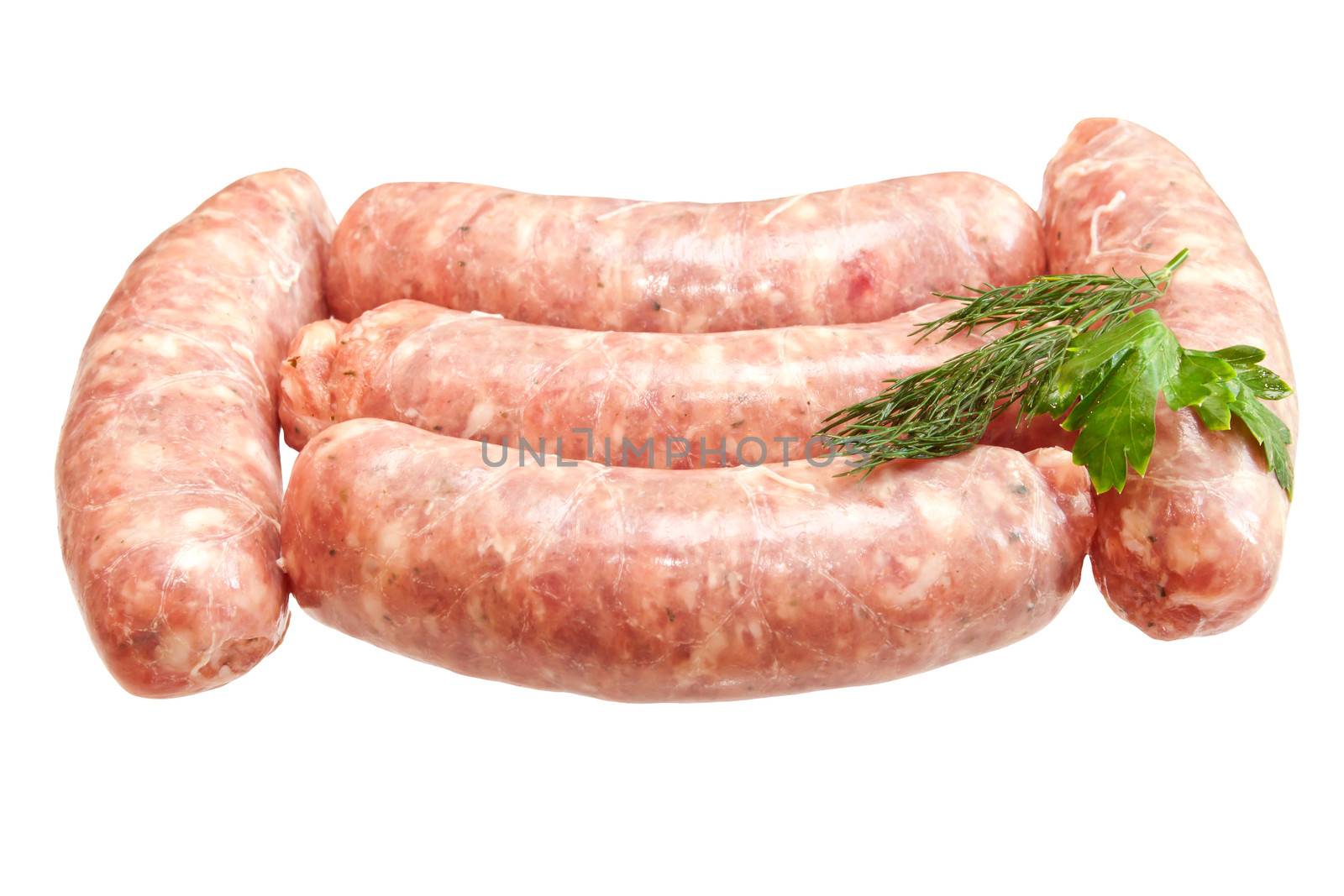 Raw meat sausages with greens isolated on white background by evp82