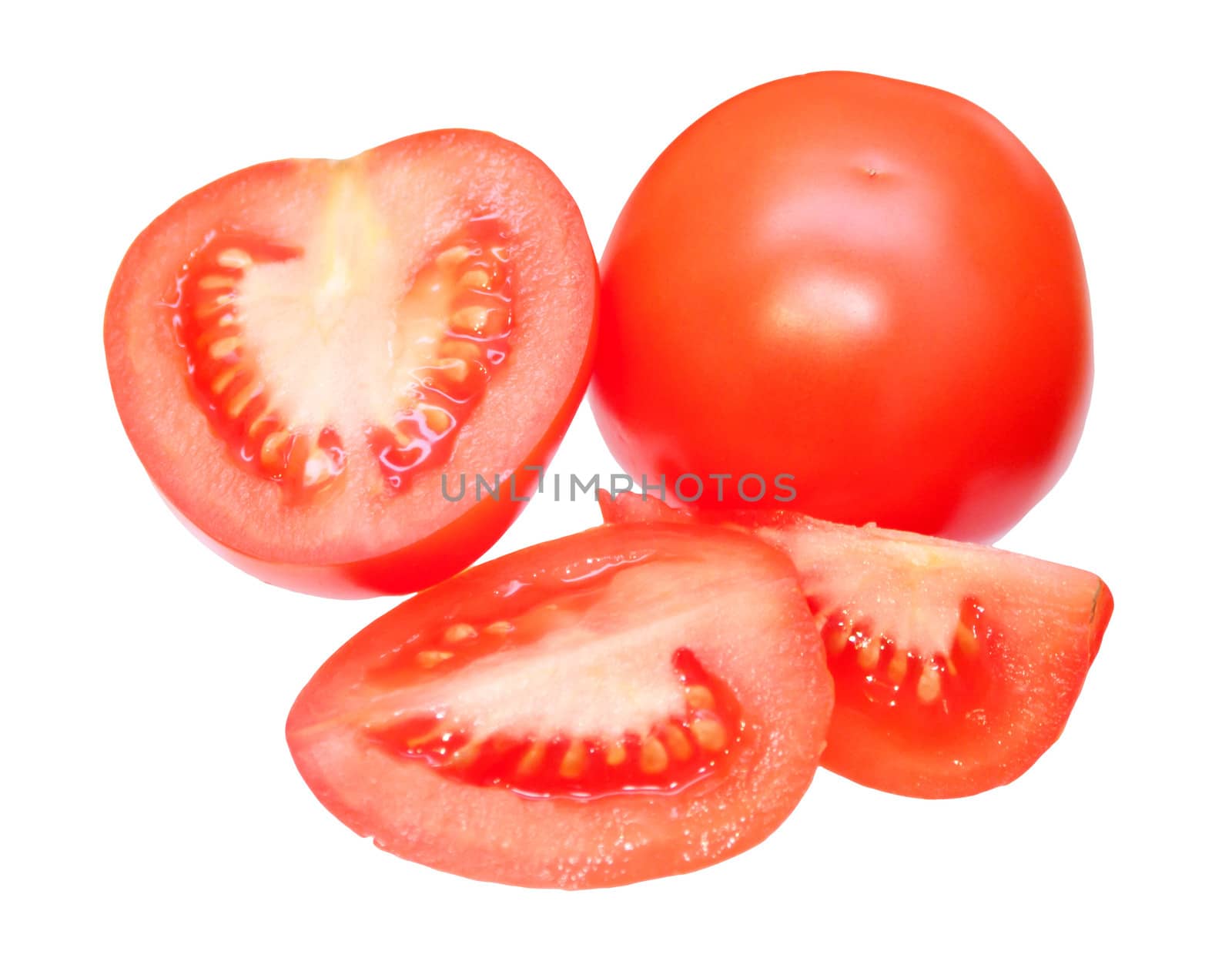 Cut tomatoes, isolated on white background
