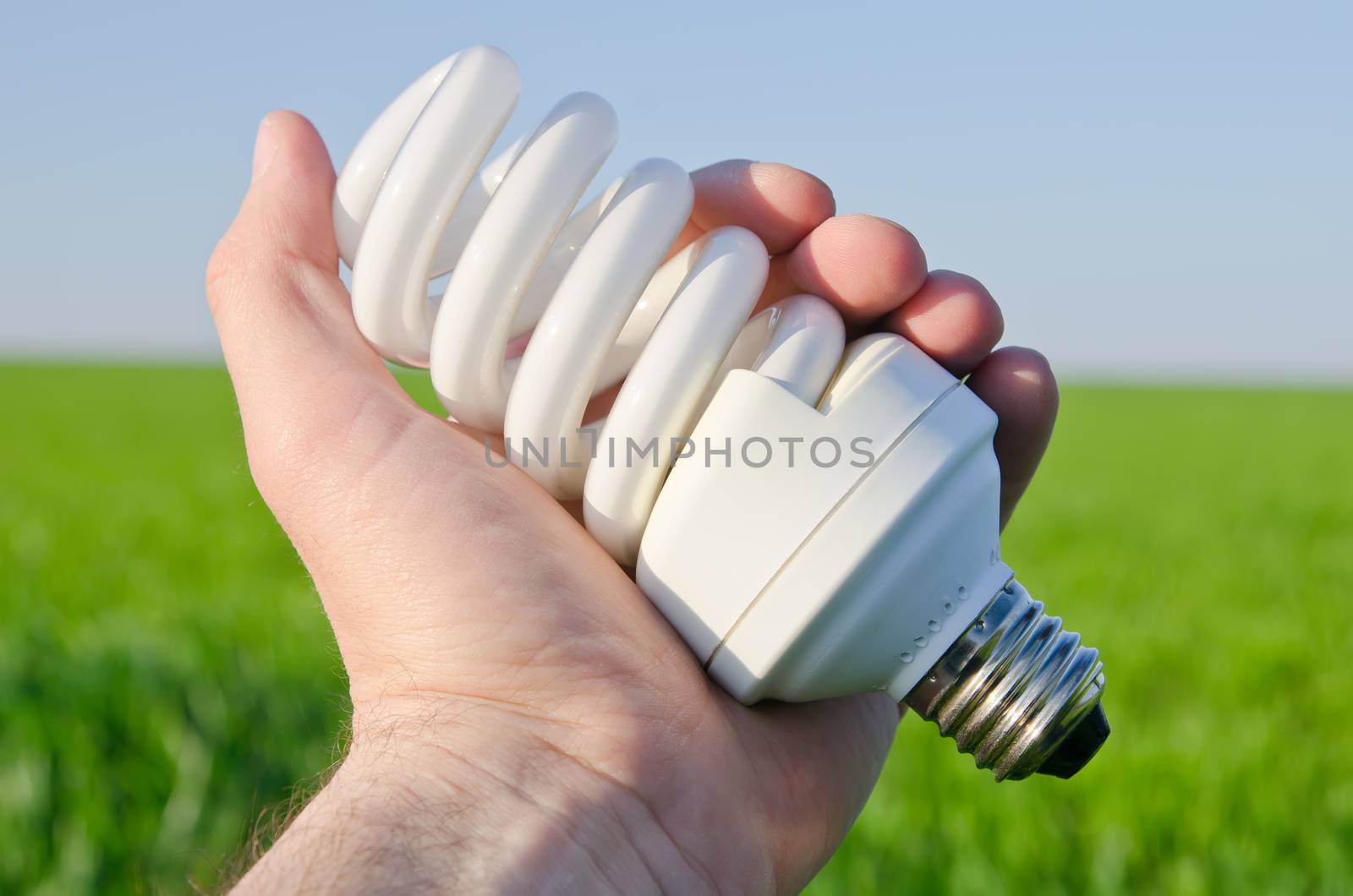 energy saving lamp in hand over green field