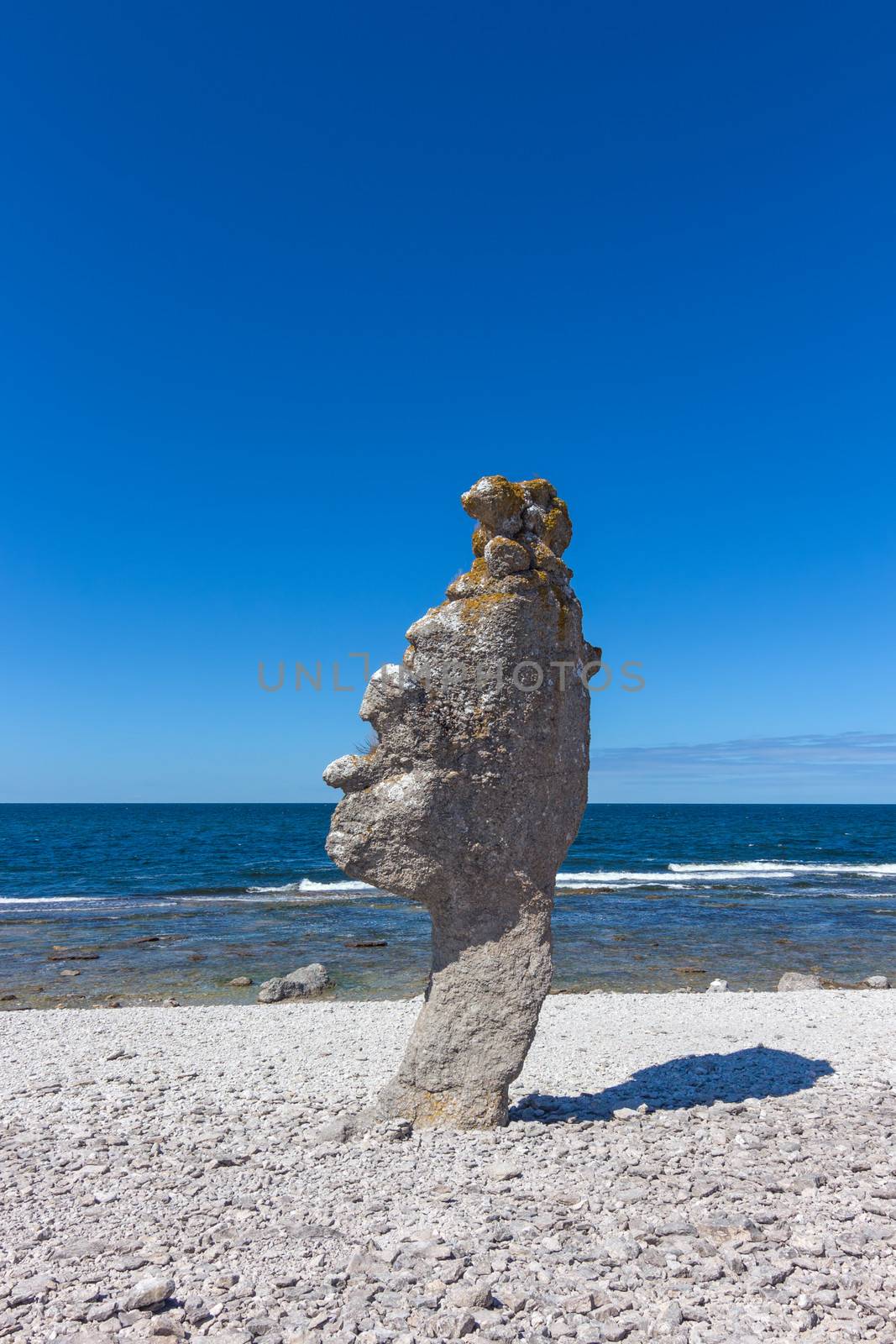 Rock formation (rauk) on Fårö island in Gotland, Sweden. Baltic Sea coastline.