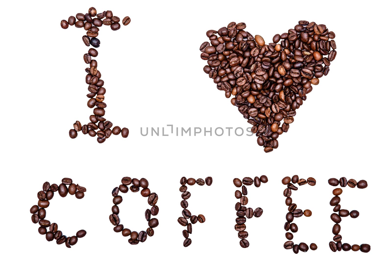 Coffee beans laid out in the inscription: I love coffee, isolated on white background