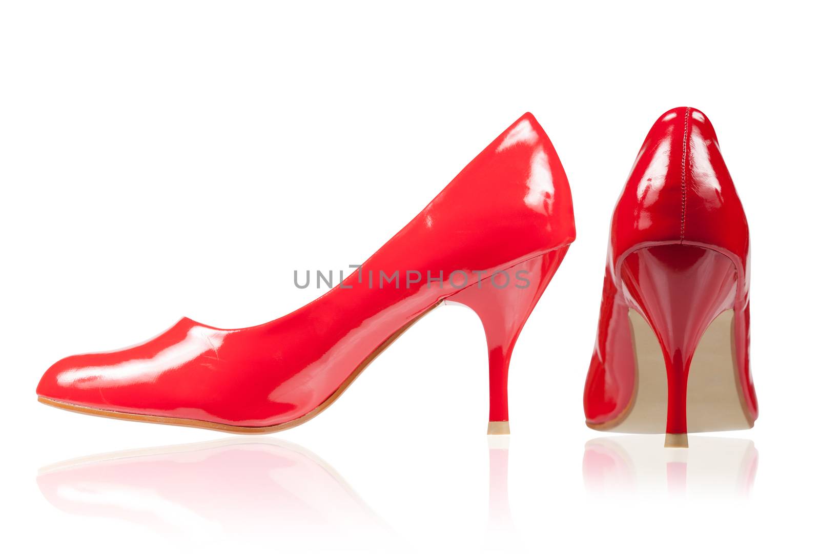 Red shoes on a thin heel. View side and rear by AleksandrN