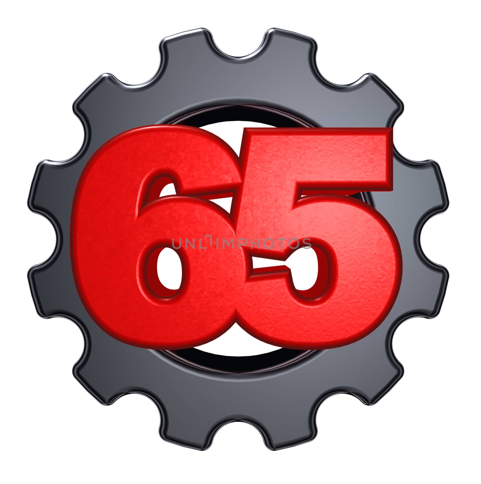 number sixty five and gear wheel on white background - 3d illustration