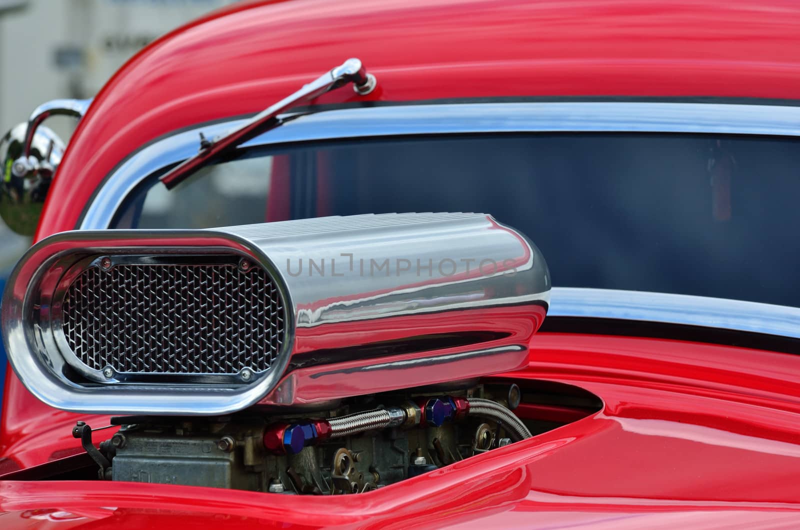 Detail of air intake and windscreen on custom car