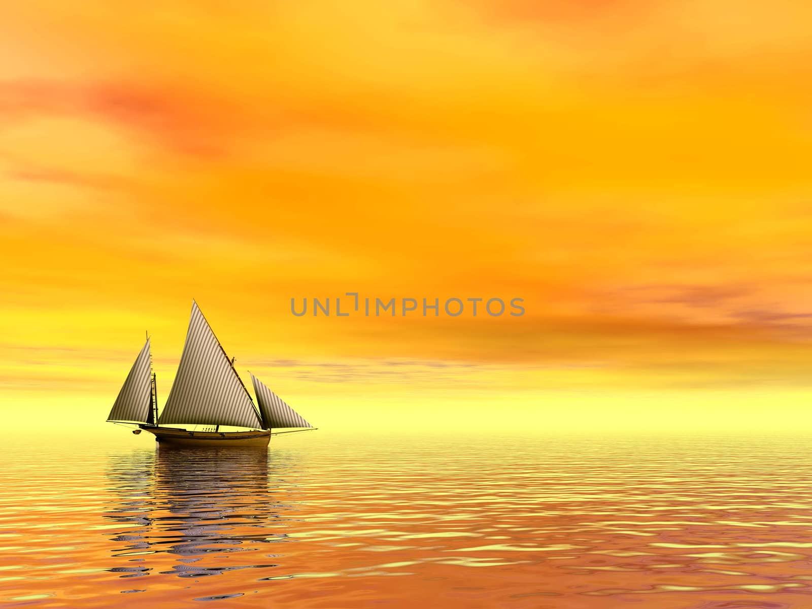 Small sailboat floating on quiet water by orange sunset