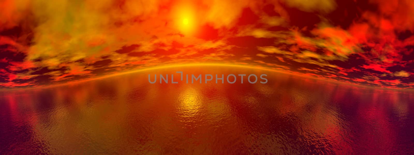 Beautiful panorama of red sunset upon the ocean, 360 degrees effect