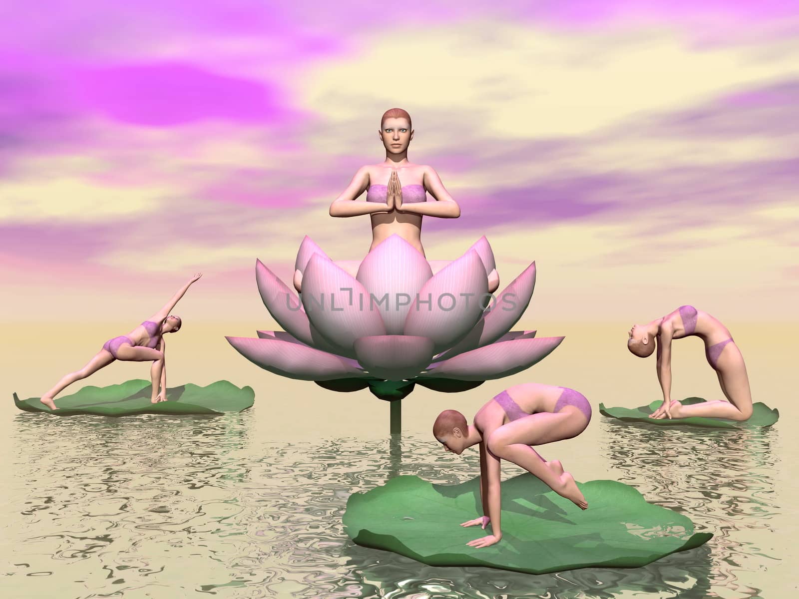 Women practicing yoga posture with lotus flowers and leaves upon water in pink background