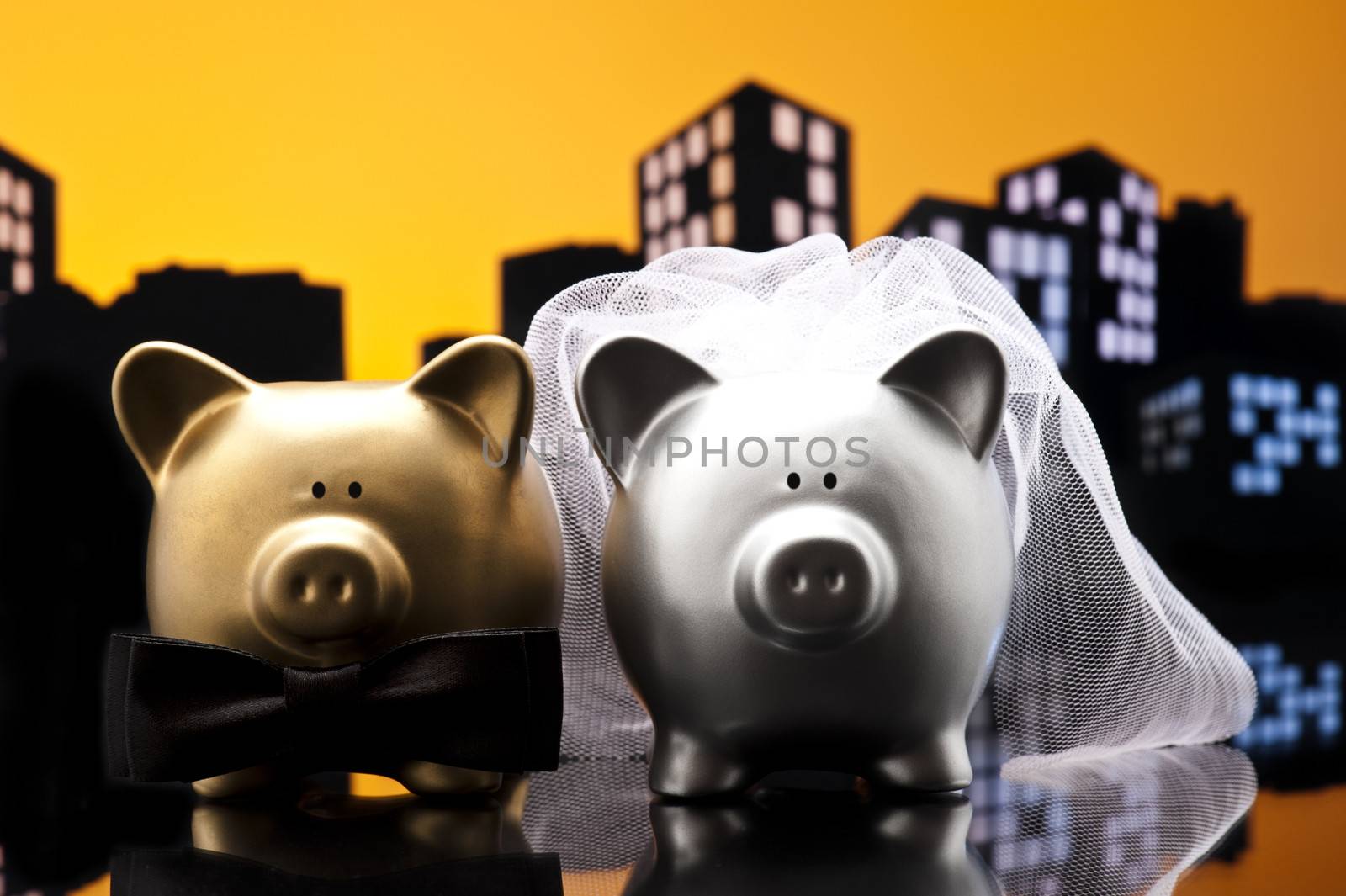 Metropolis City pig wedding the piggy bank with veil and bow tie by 3523Studio