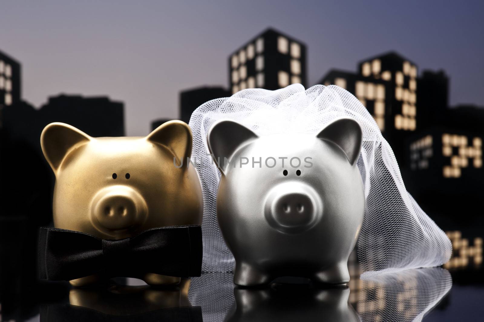 Metropolis City pig wedding the piggy bank with veil and bow tie by 3523Studio