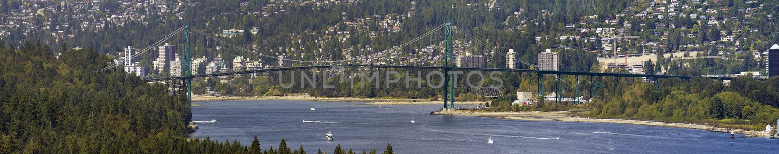 Lions Gate Bridge Over Burrard Inlet in Vancouver BC Canada Panorama