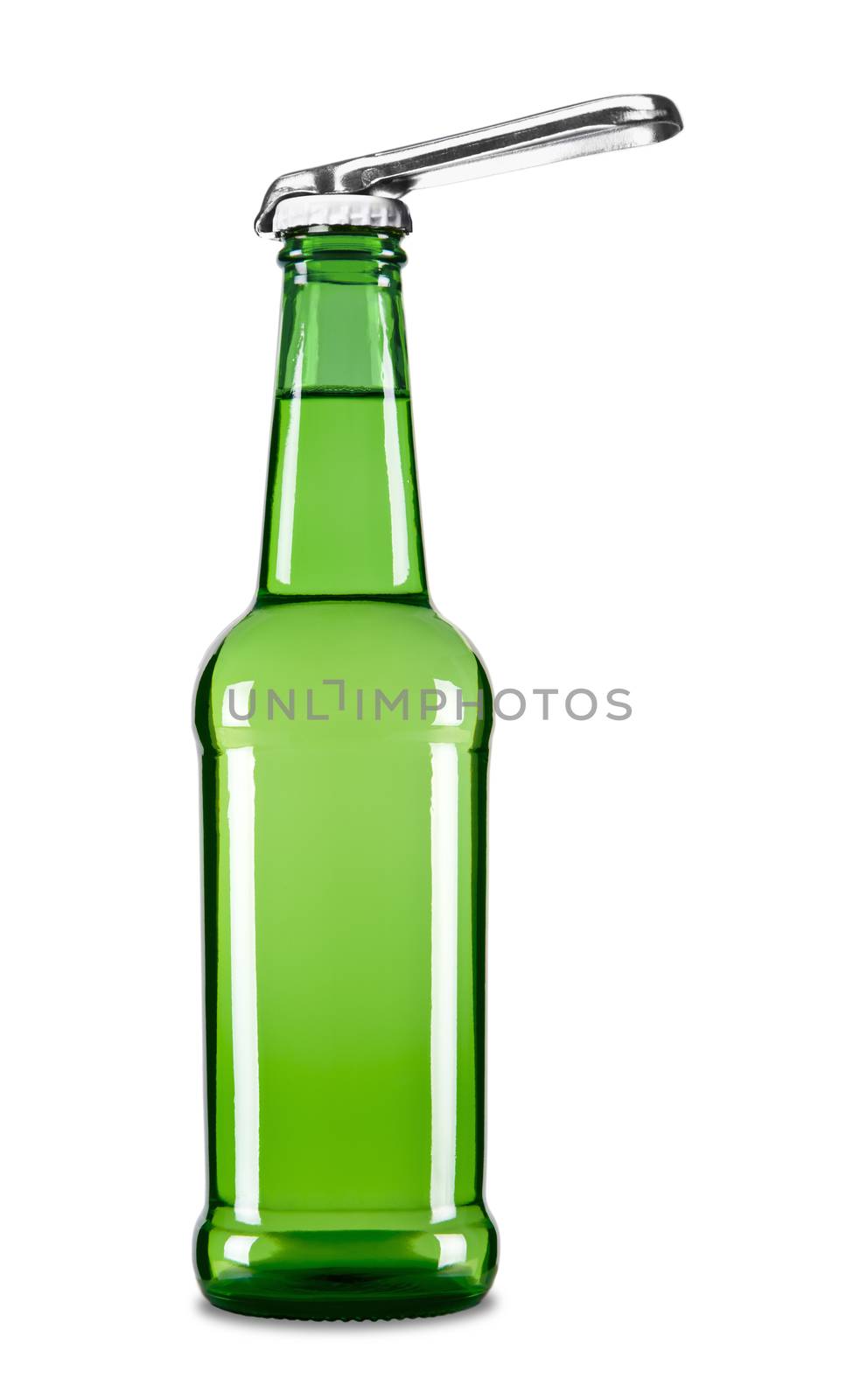A beer opener on top of a beer bottle.