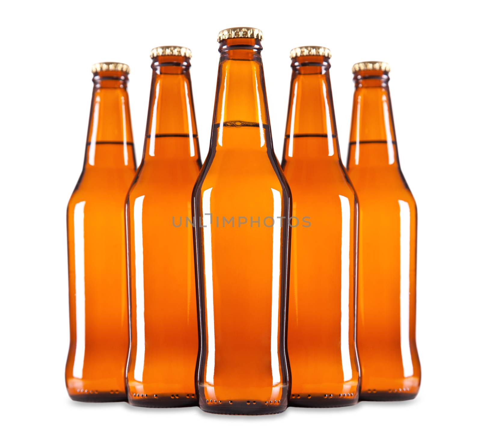 A group of five beer bottles in a diamond formation.