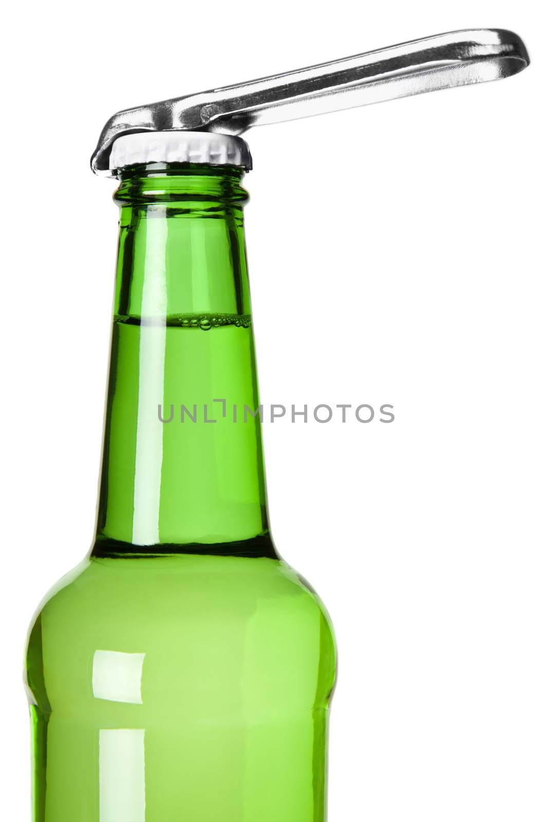 A bottle opener on top of a beer bottle.