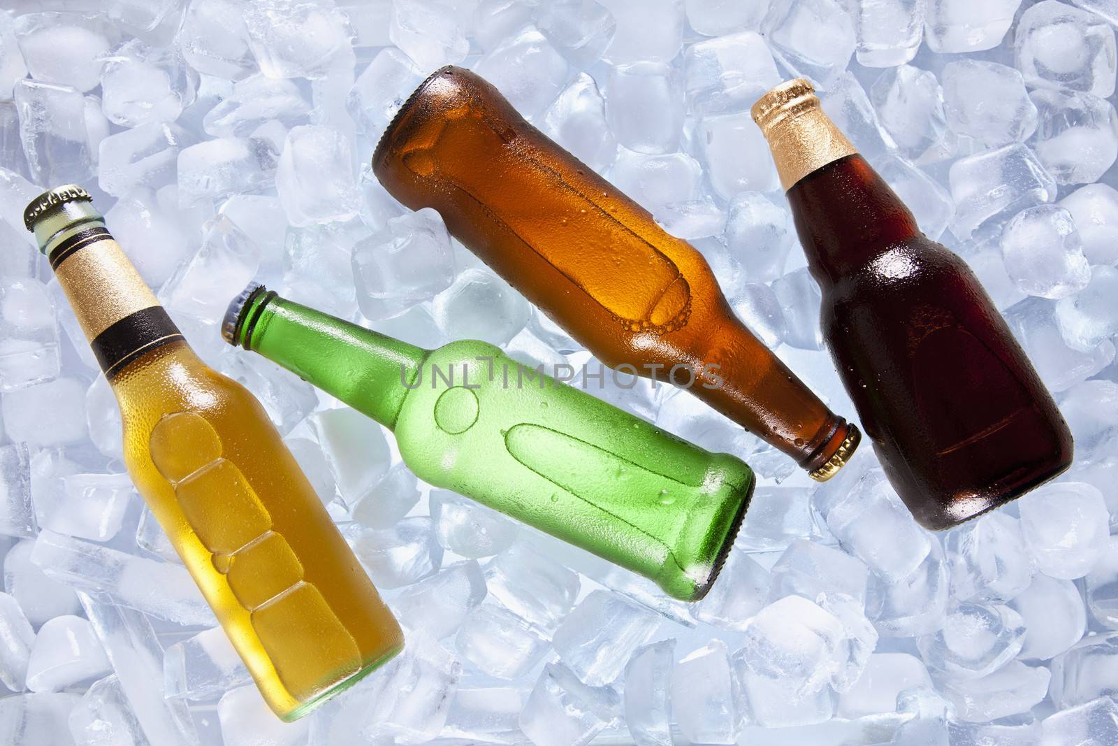 Four different bottles of beer cooling on ice.