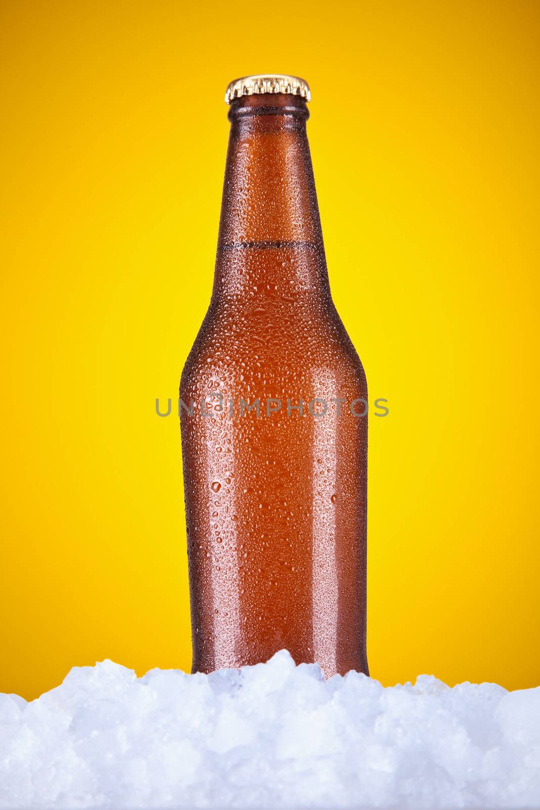 A beer bottle sitting on ice over a yellow background.
