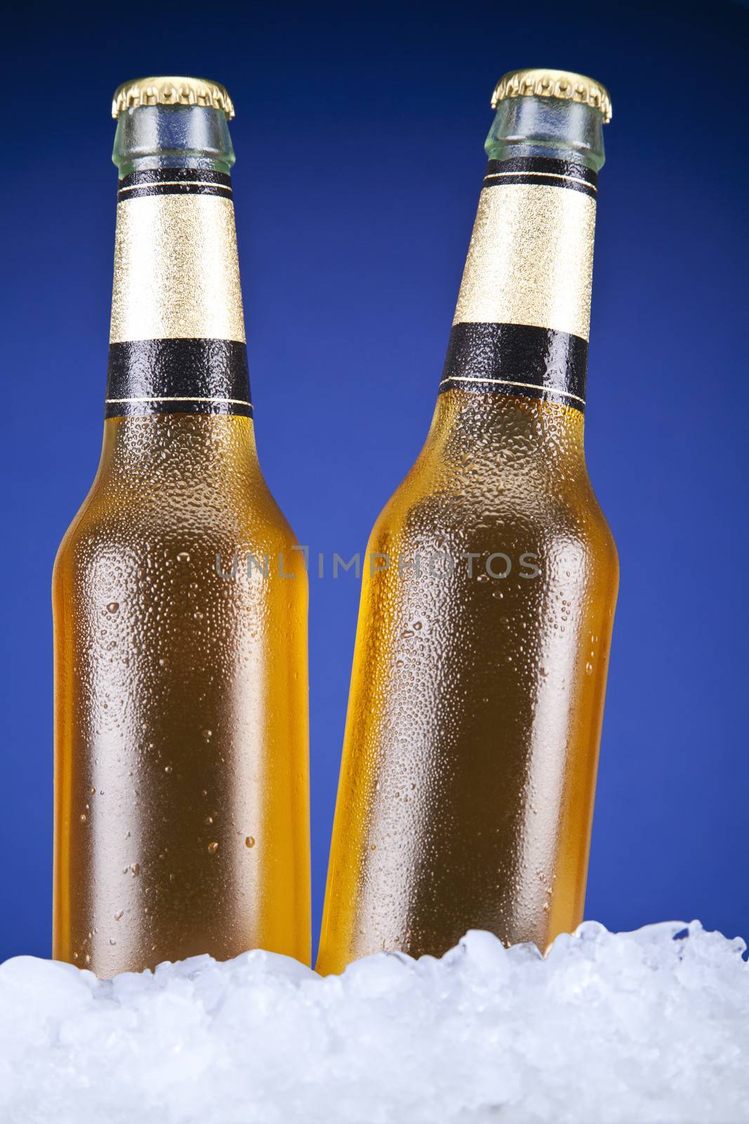 Two beer bottles sitting on ice over a blue background.