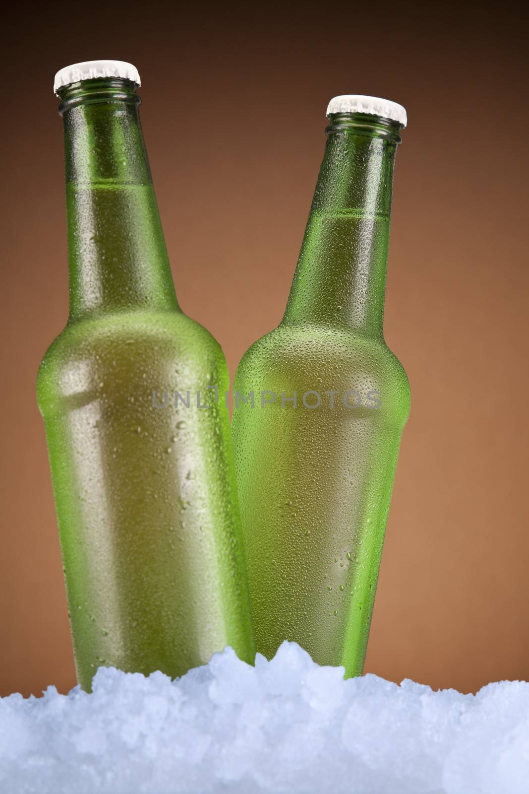 Two green beer bottles sitting on ice over a brown background.