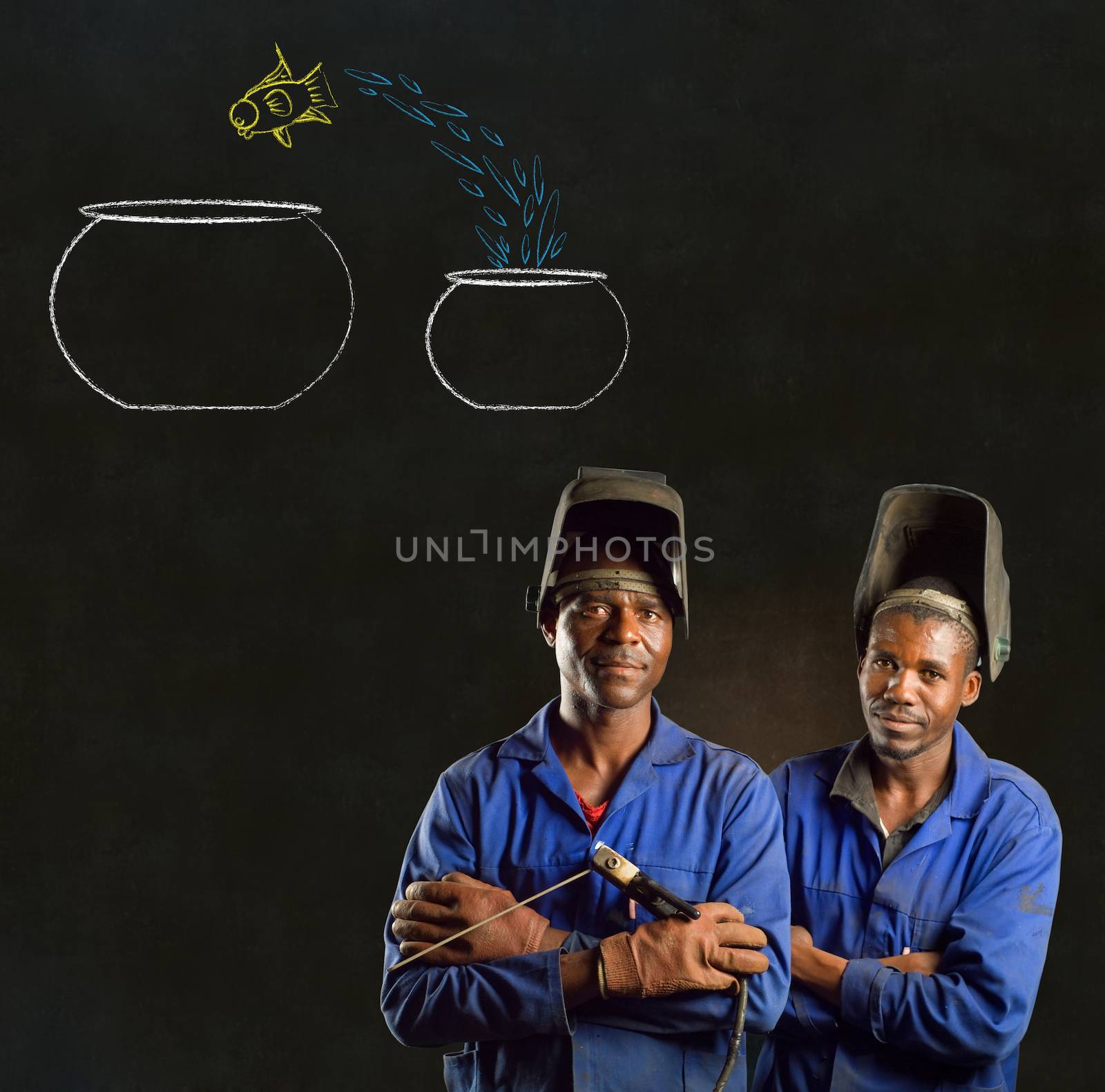 African American black men industrial workers with chalk jumping fish bowls on a blackboard background