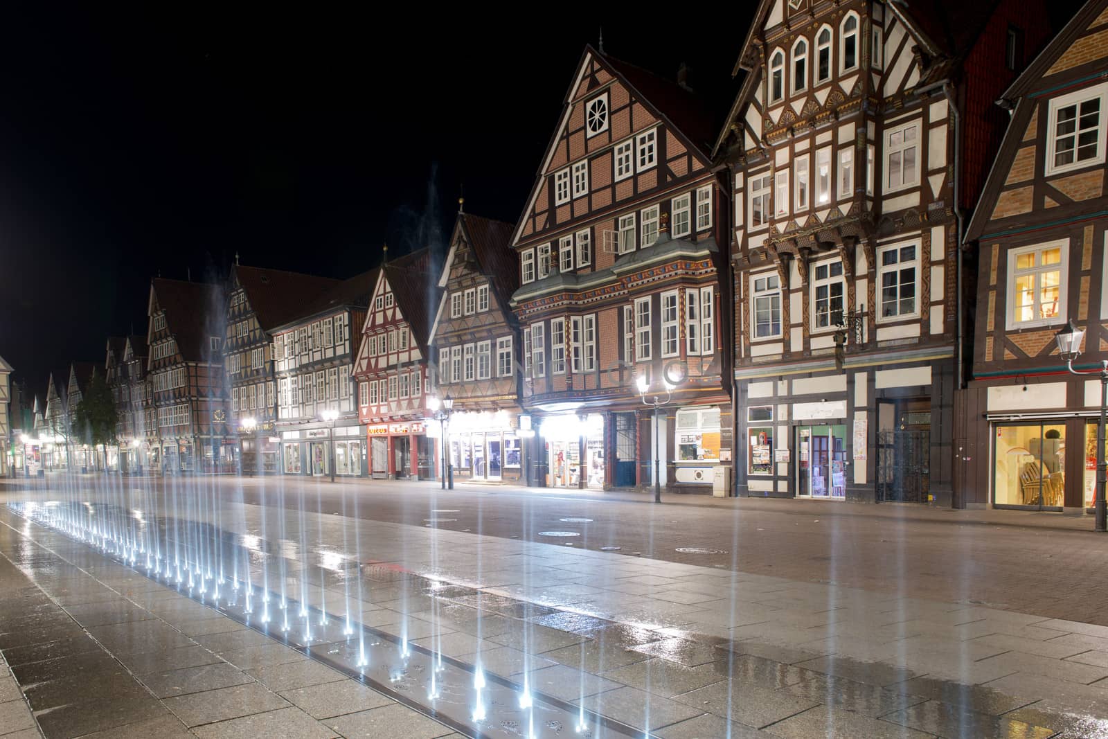 Water features in front of half-timbered houses of the old town of Celle, Germany