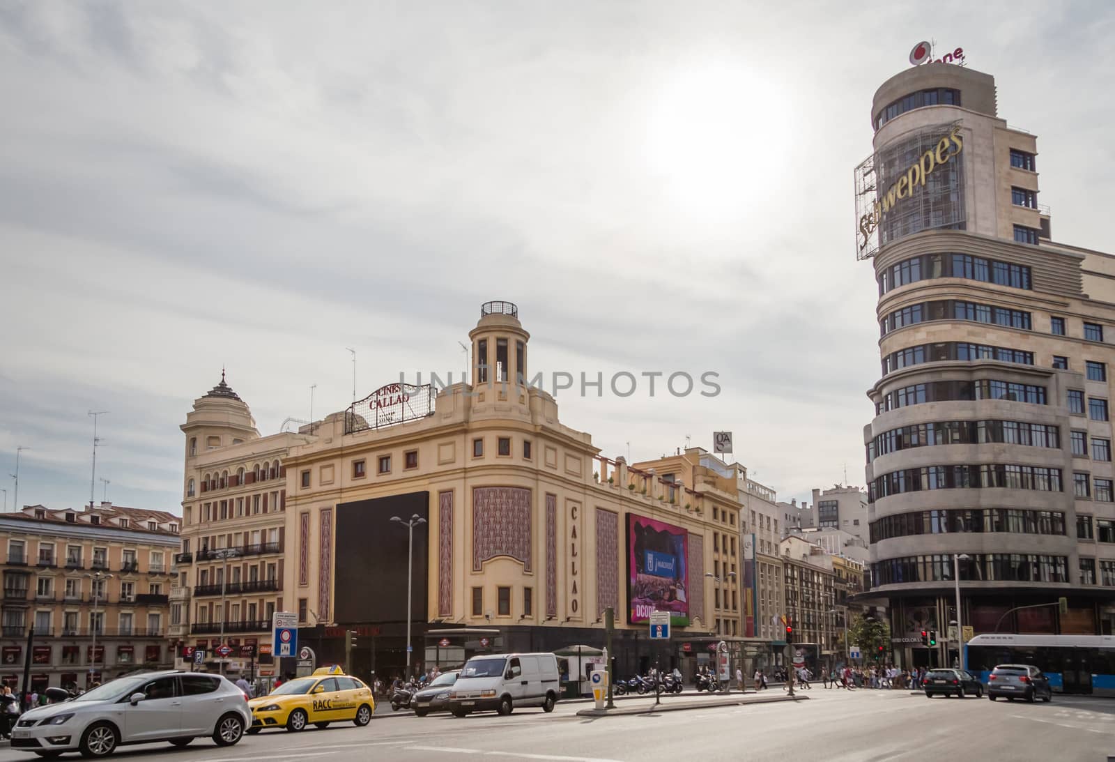 View of Capitol building and Callao cinemas in Gran Via street,  by doble.d
