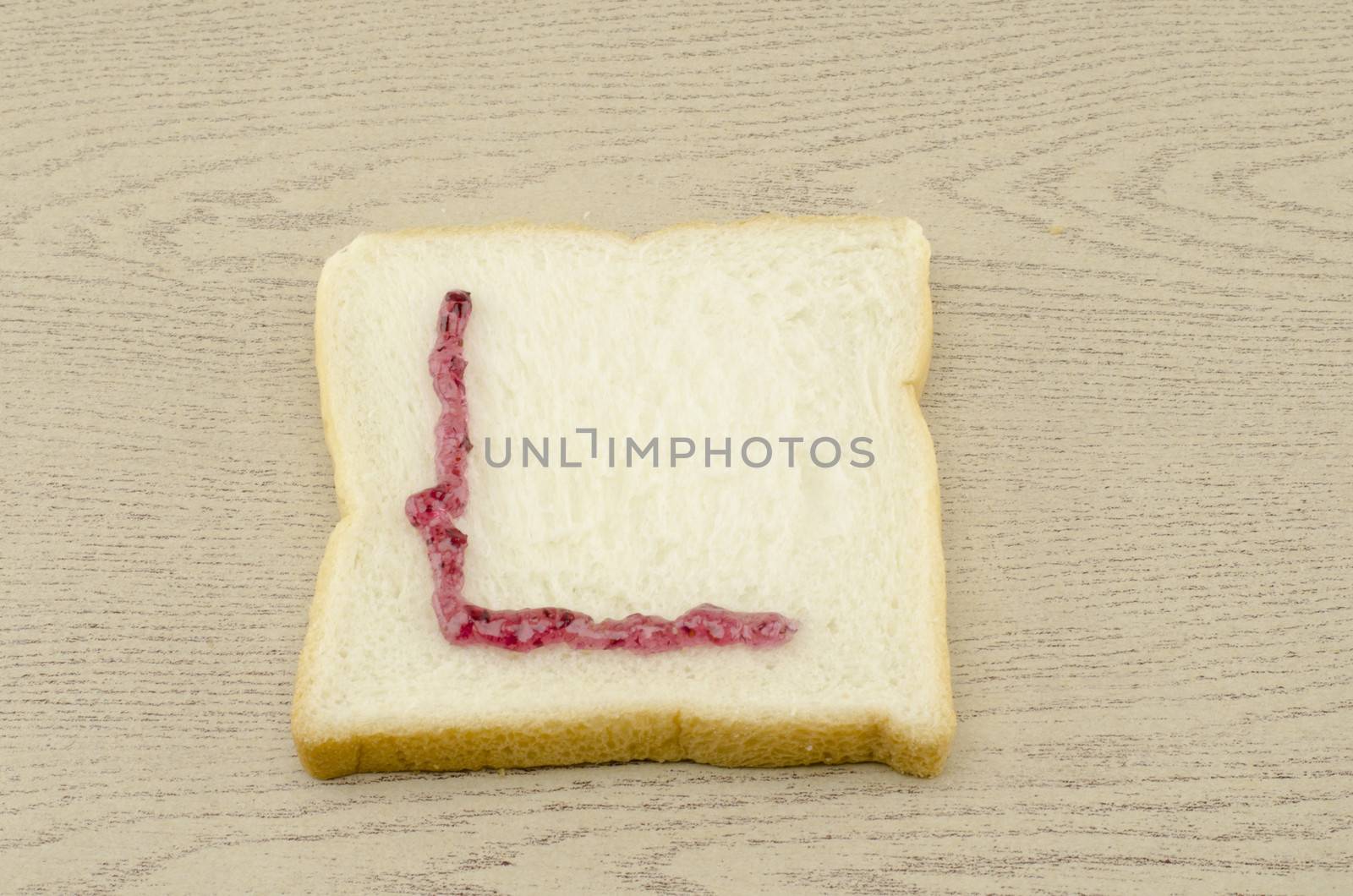 jam alphabet on sliced bread on wood background