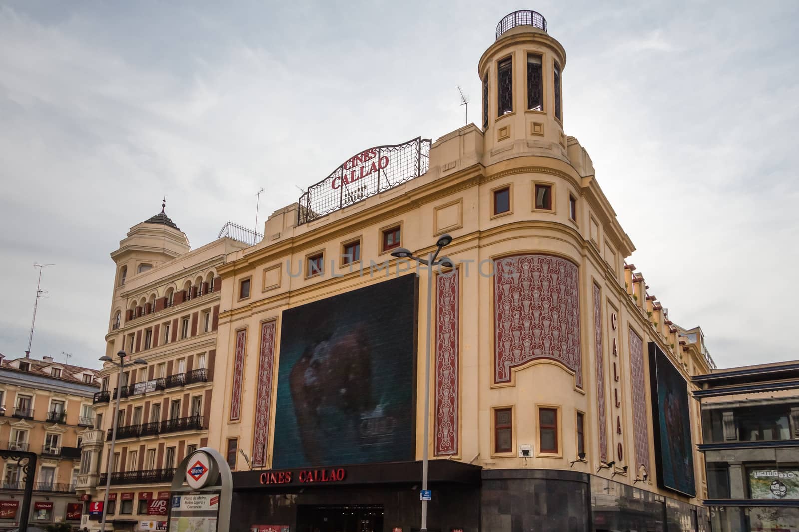 View of Callao cinemas in Gran Via street, in Madrid, Spain by doble.d
