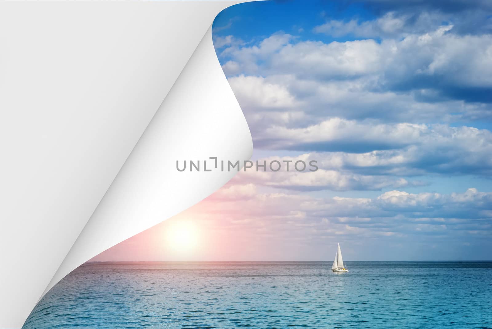 curled page with a picture of the sea at sunset and a lonely boat by Zhukow