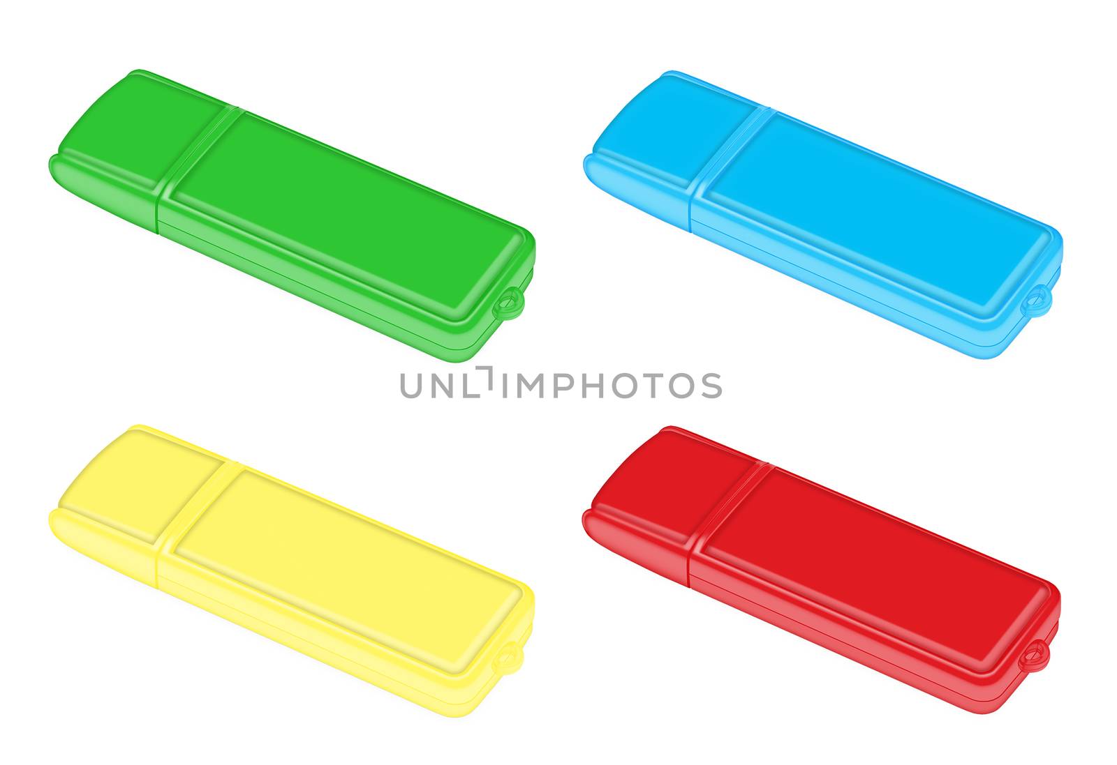 red, yellow , blue and green flash drive on a white background