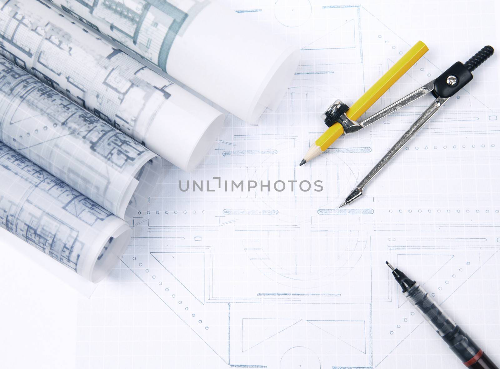 architecture plant on working table with pen and circle compass construction and architectural theme