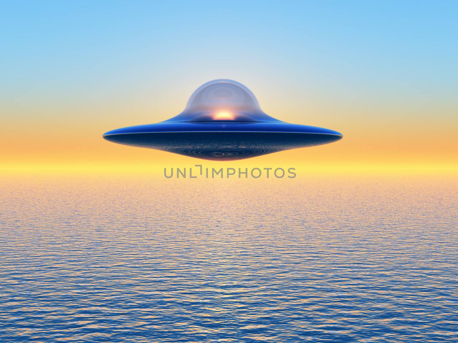 a flying saucer on sunset background