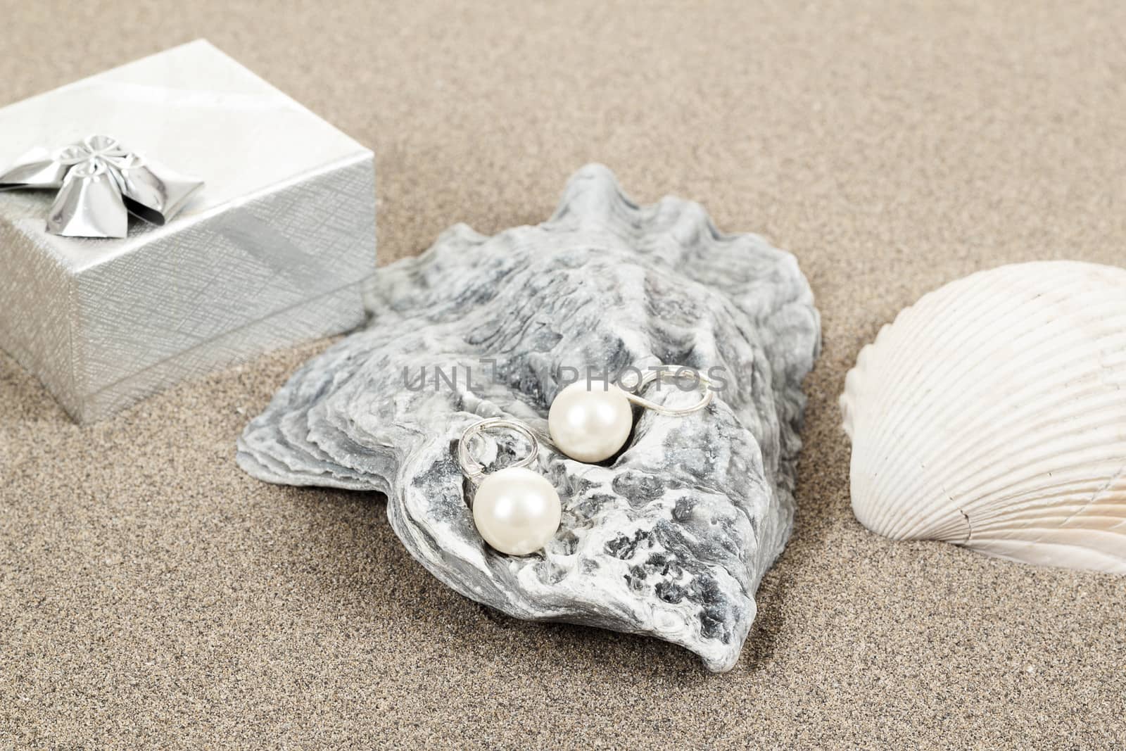 two pearl earrings and shells on sand background