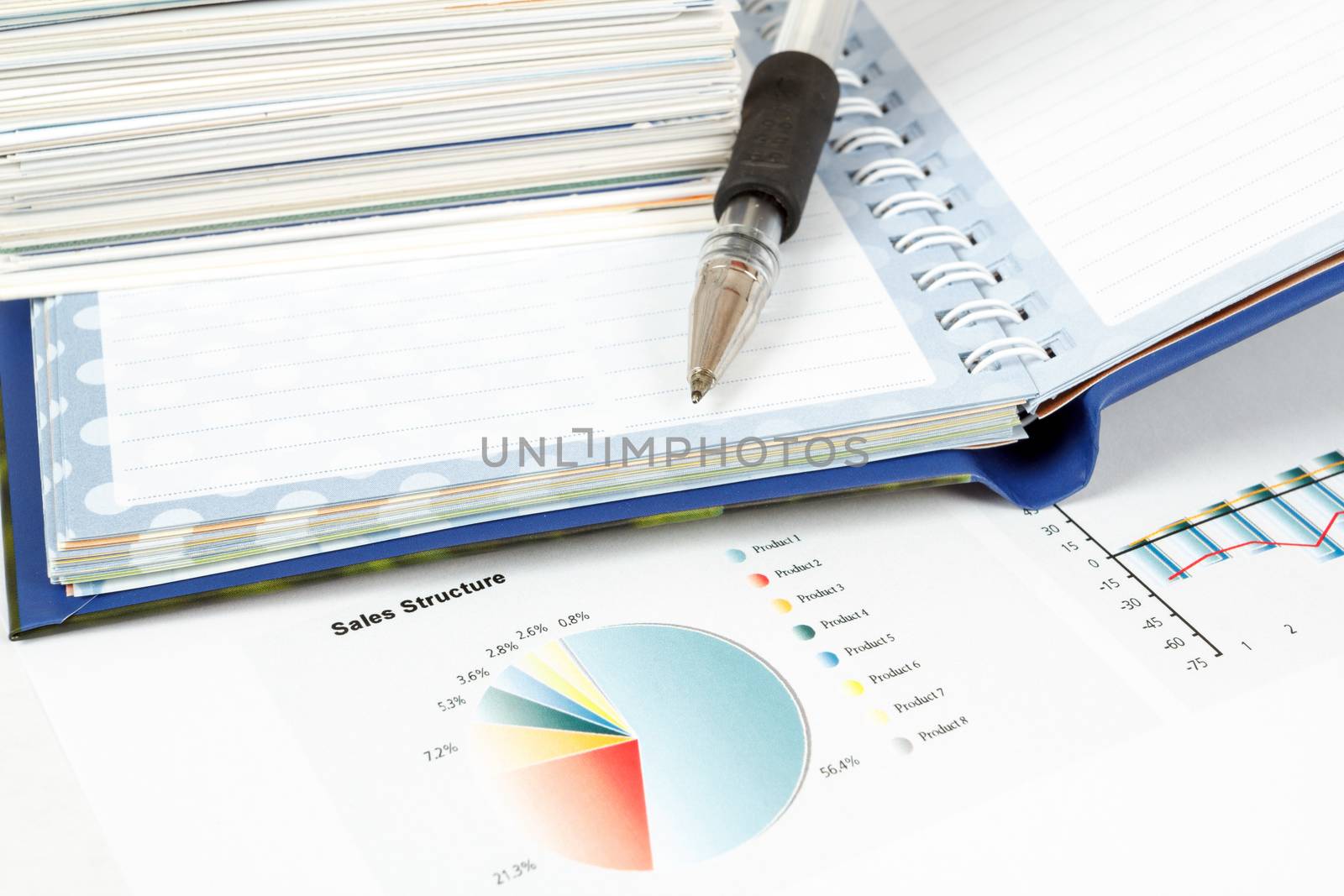 charts, pen, business cards, notes, workplace businessman, business collage
