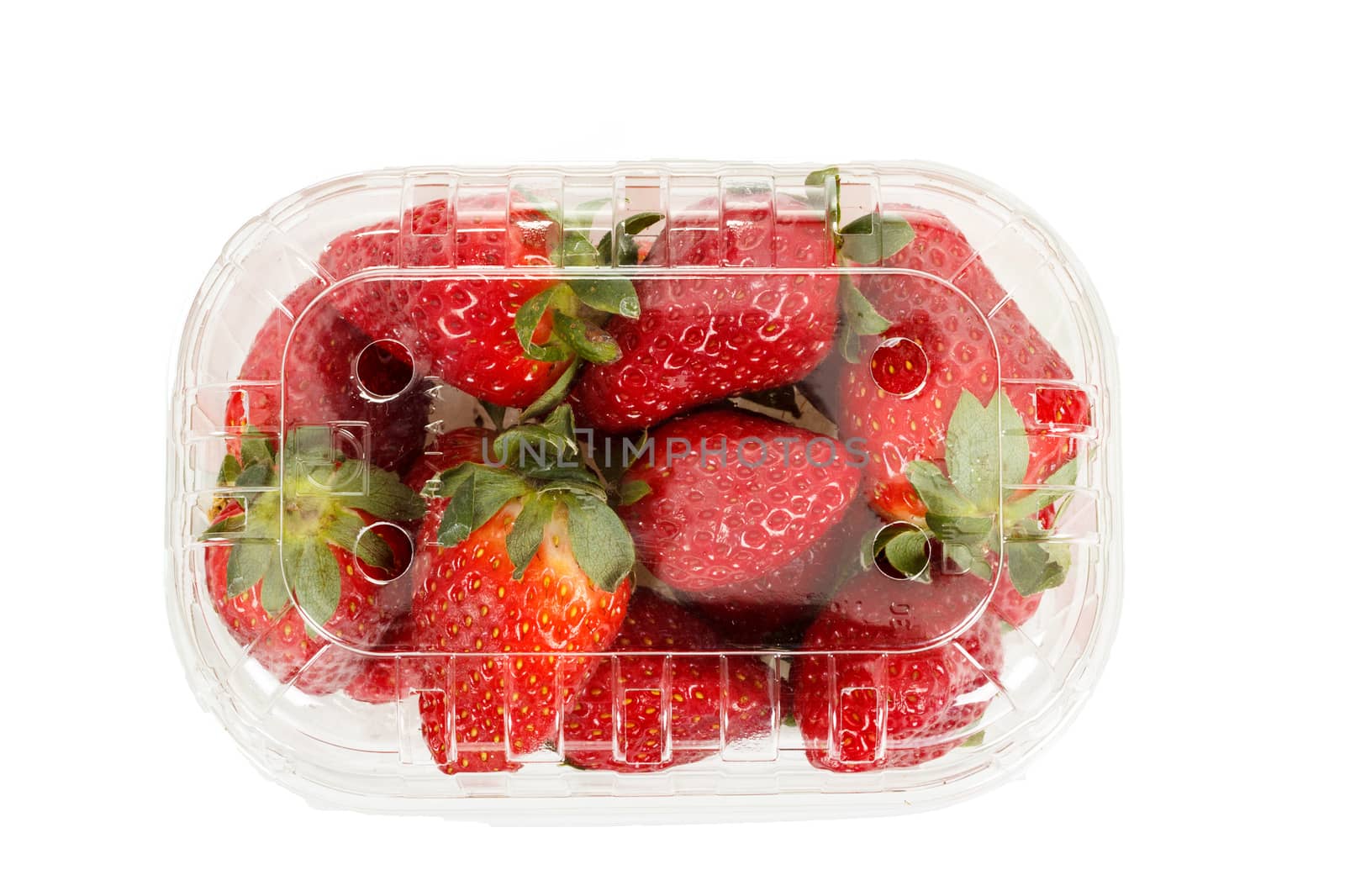 fresh strawberries in box on white background