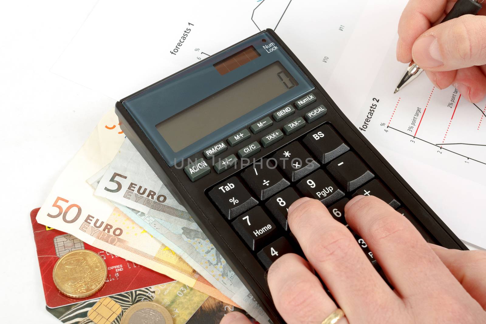 calculator, charts, pen in hand, business cards, money, workplace businessman, business collage