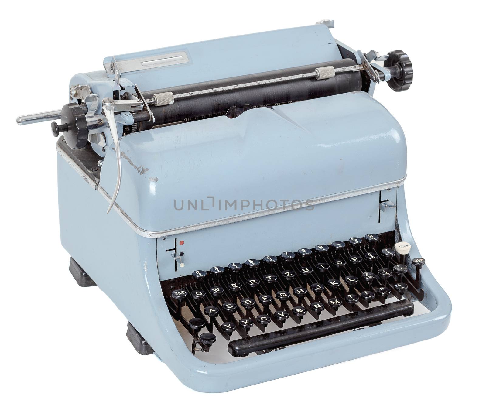 view retro blue typewriter on white background