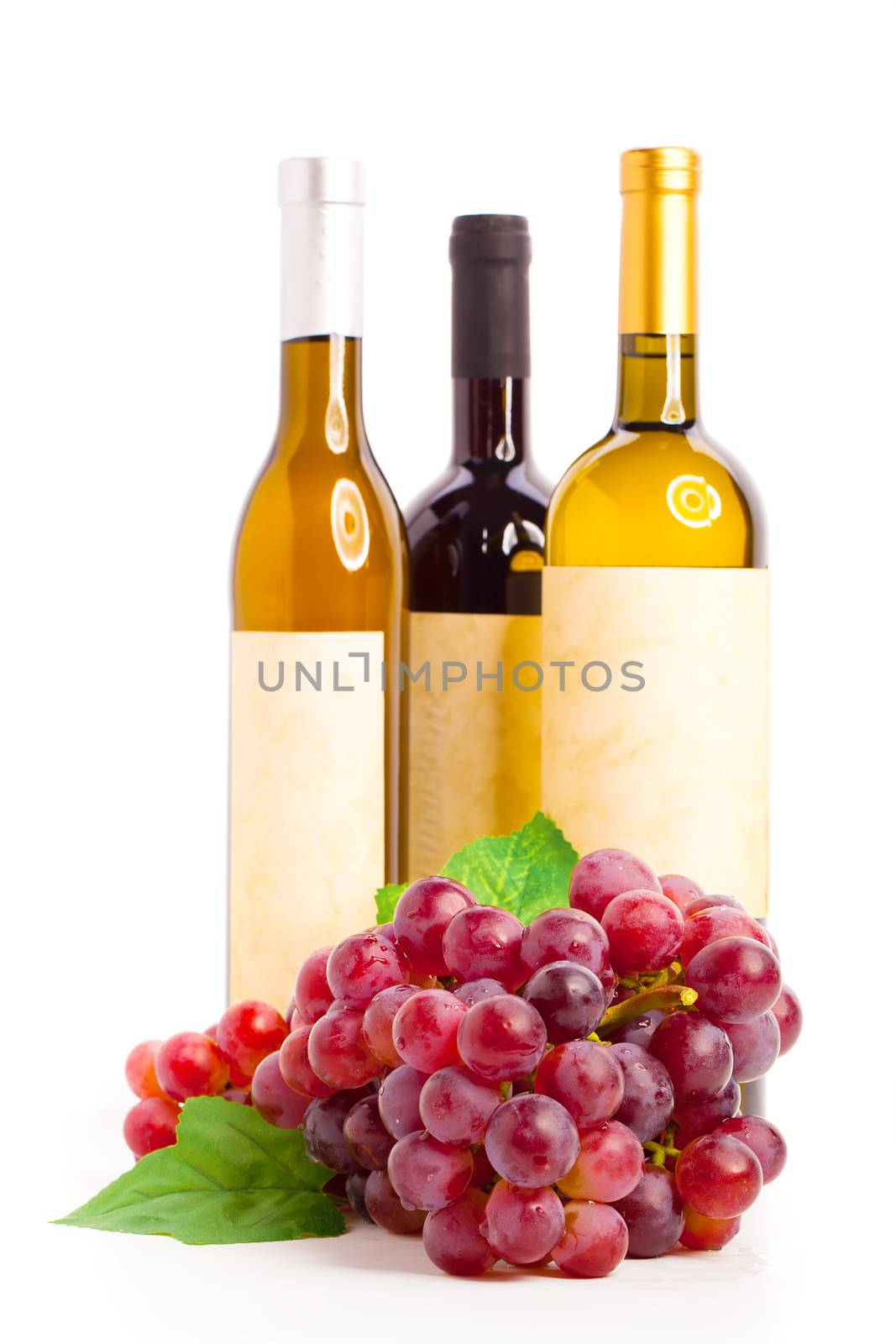 Bottle of red and  white wine with grapes, white background