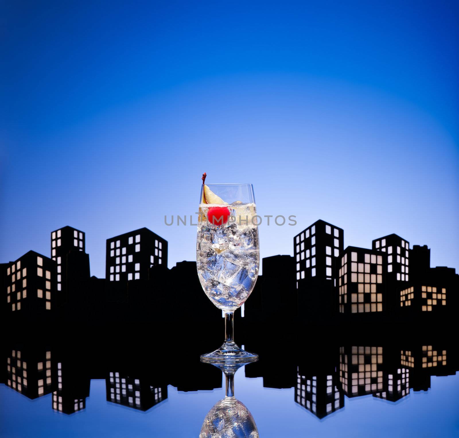 Metropolis tom collins or Gin Tonic cocktail cocktail in city skyline setting