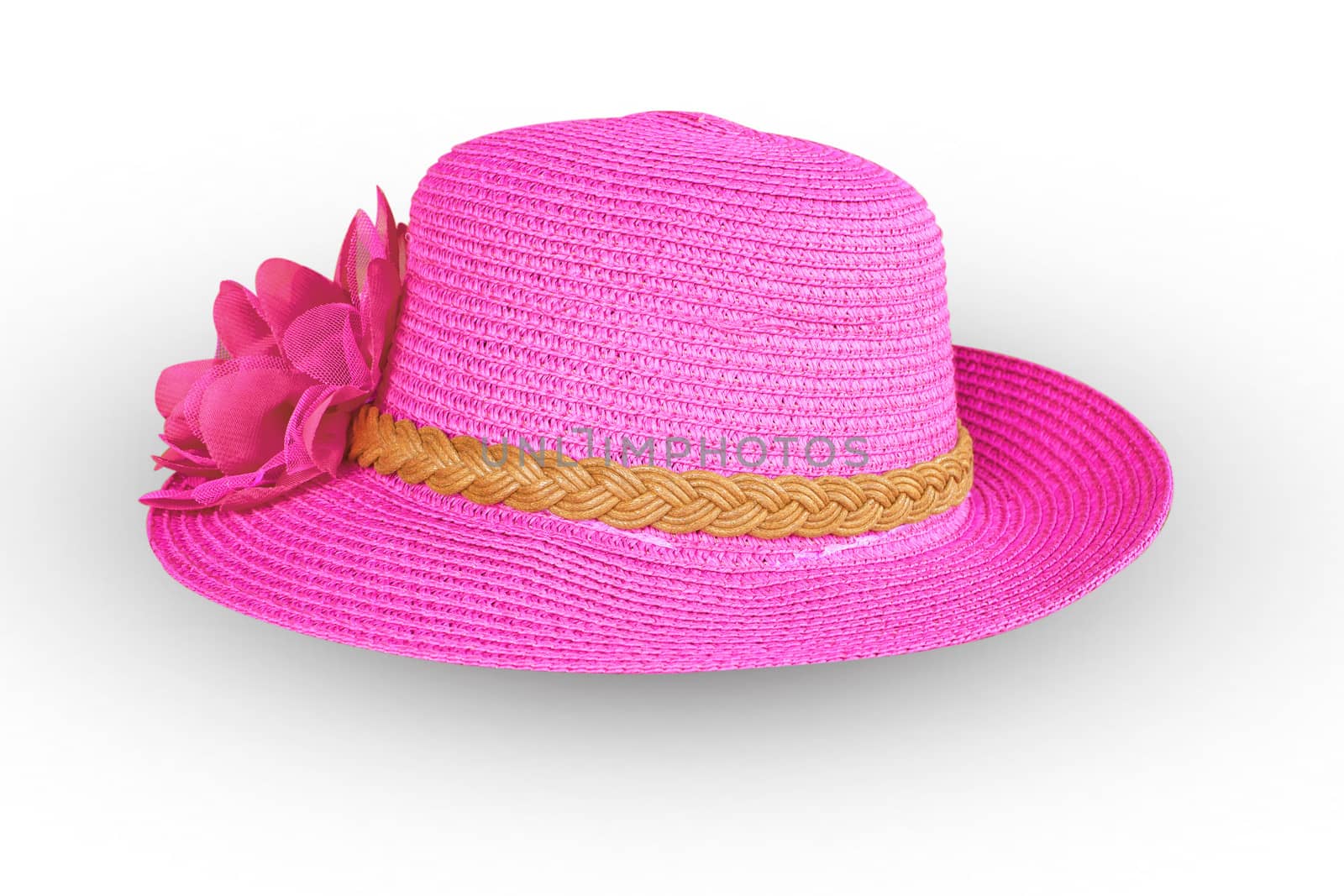 Pretty straw hat with flower on white background