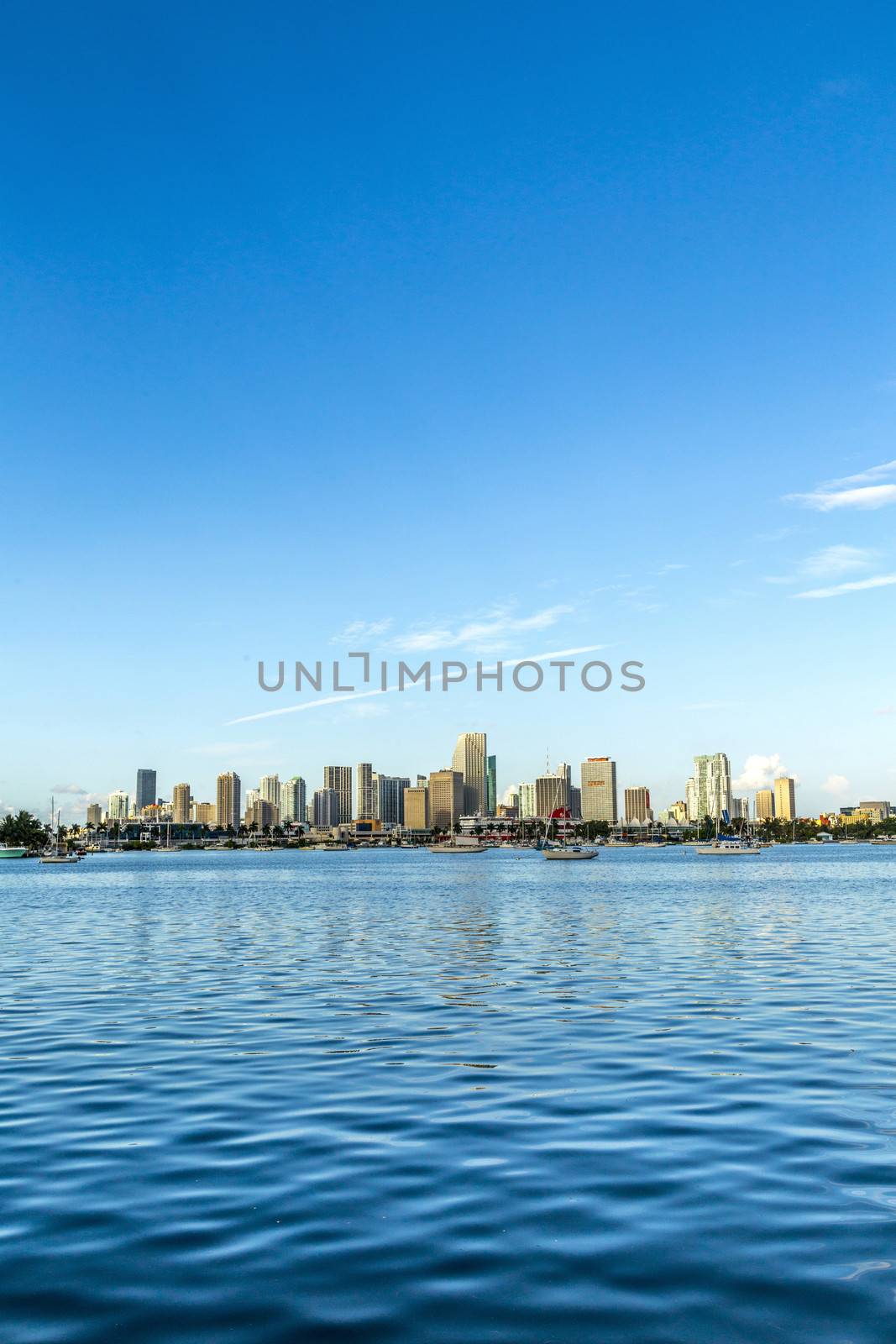 skyline of Miami Florida with  the water of Biscayne Bay. Panoramic skyline of the World famous travel location