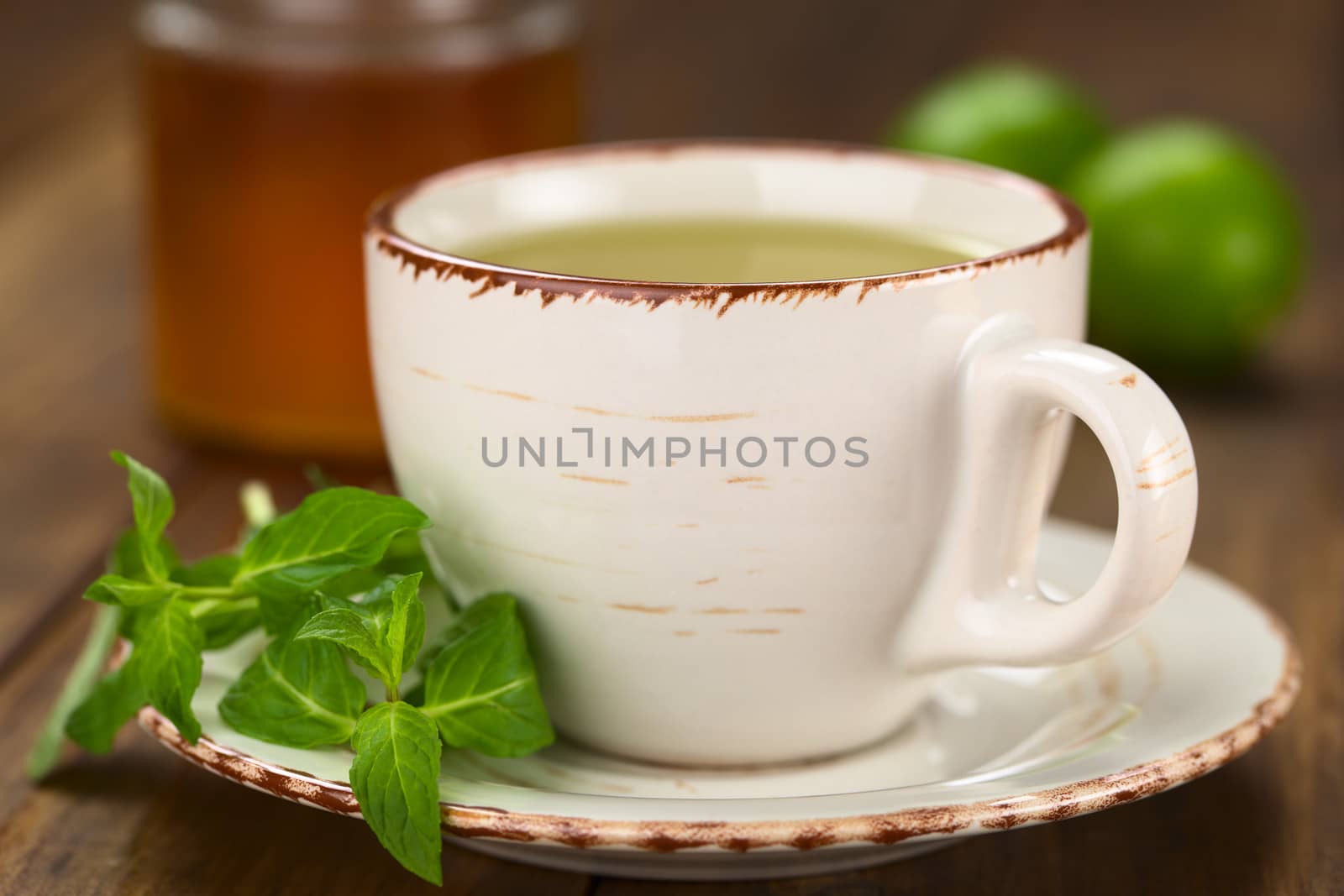 Freshly prepared mint tea out of fresh leaves served in a cup with leaves on the side and honey and lime in the back (Selective Focus, Focus on the front rim of the cup and the tip of the mint leaf)