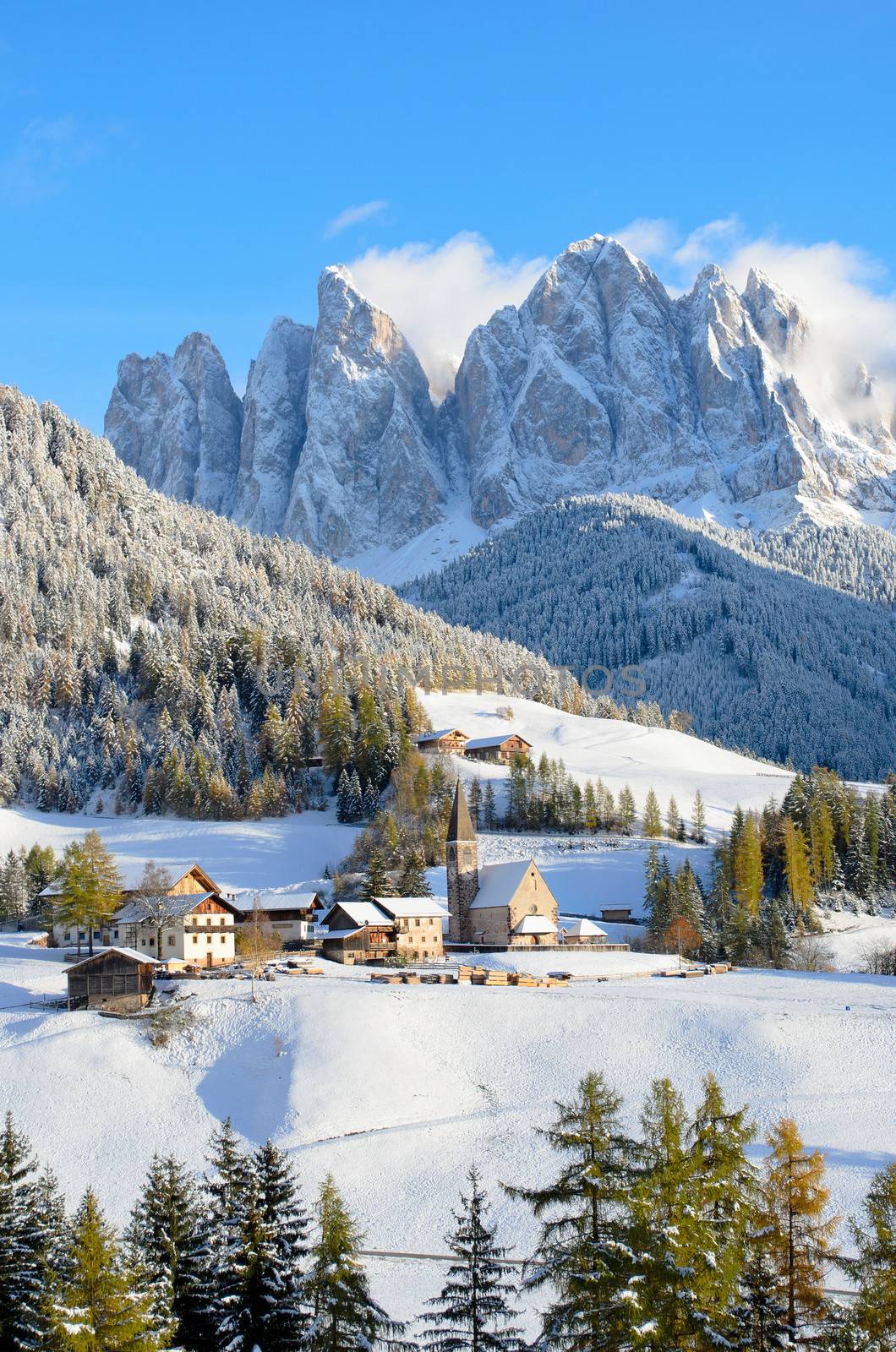 St. Magdalena or Santa Maddalena with its characteristic church in front of the Geisler, Odle, dolomites mountain peaks in the Val di Funes (Villnosstal) in South Tyrol in Italy in winter.