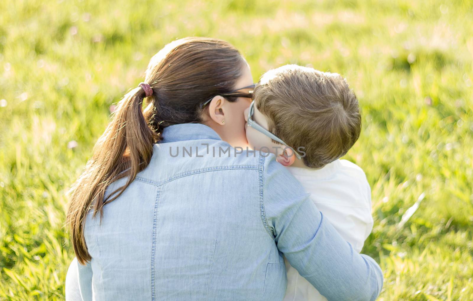 Cute son kissing to his mother sitting in a field by doble.d