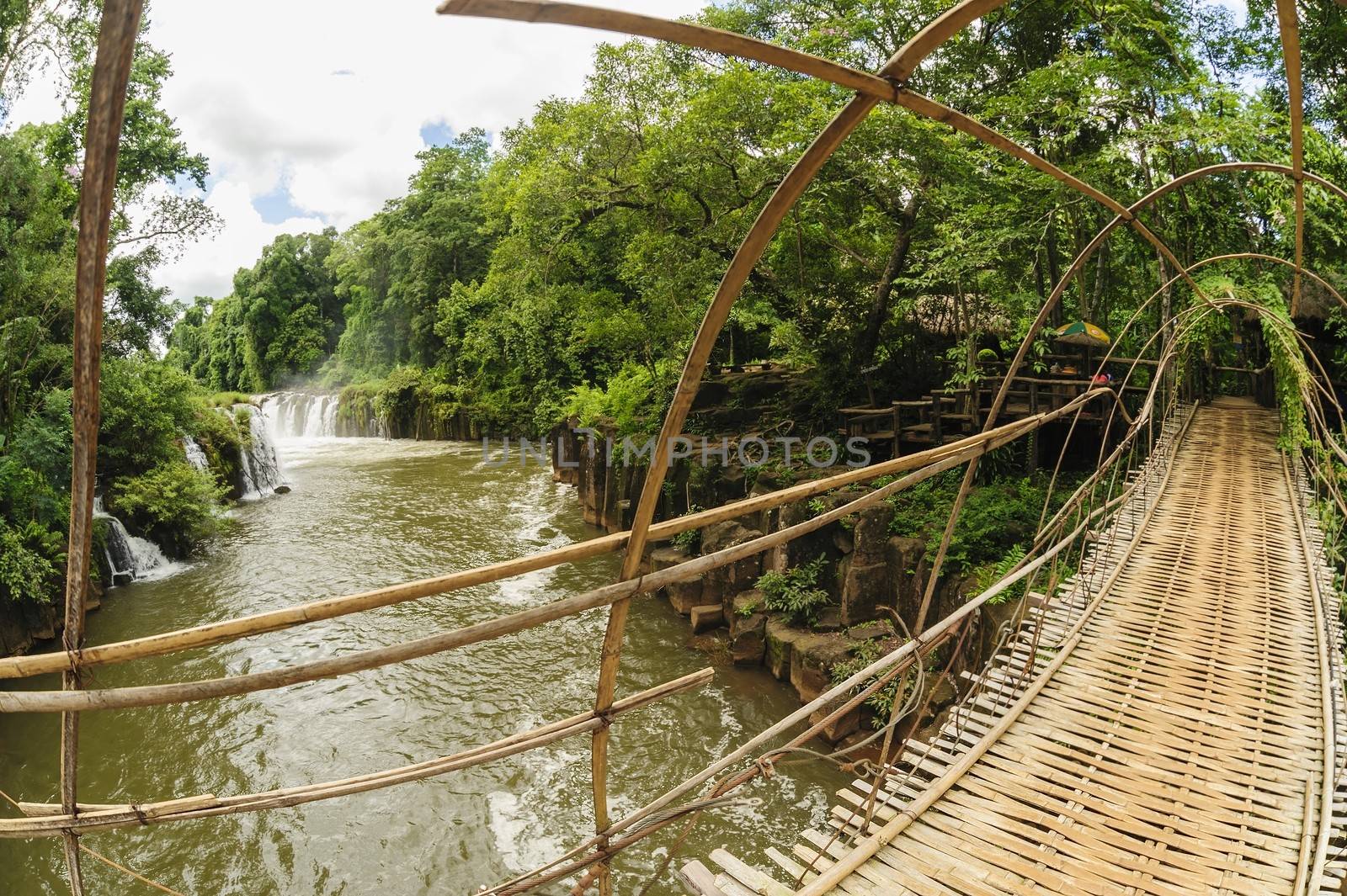 The bamboo rope bridge in Tad Pha Souam waterfall Bajeng national park, Paksa South Laos