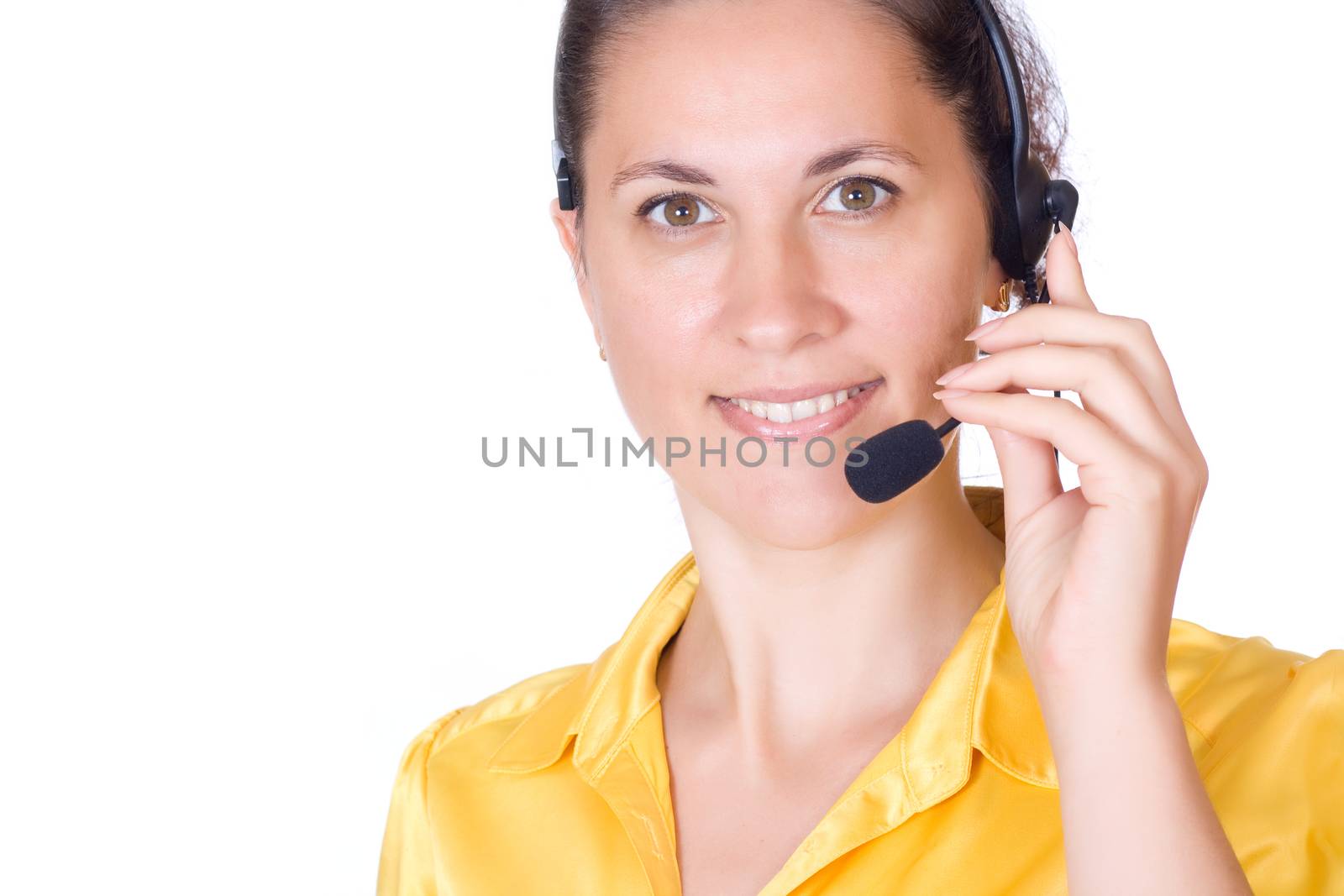 Beautiful young woman talking on the phone isolated on white background