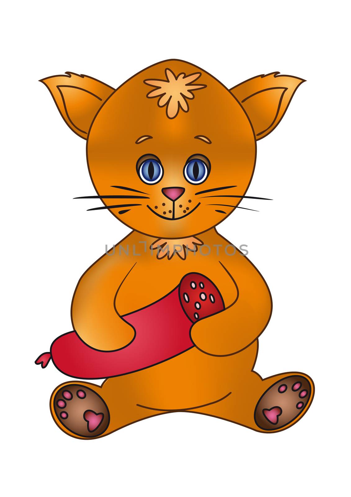 Cheerful red toy cat smiling and holding sausage in his paws