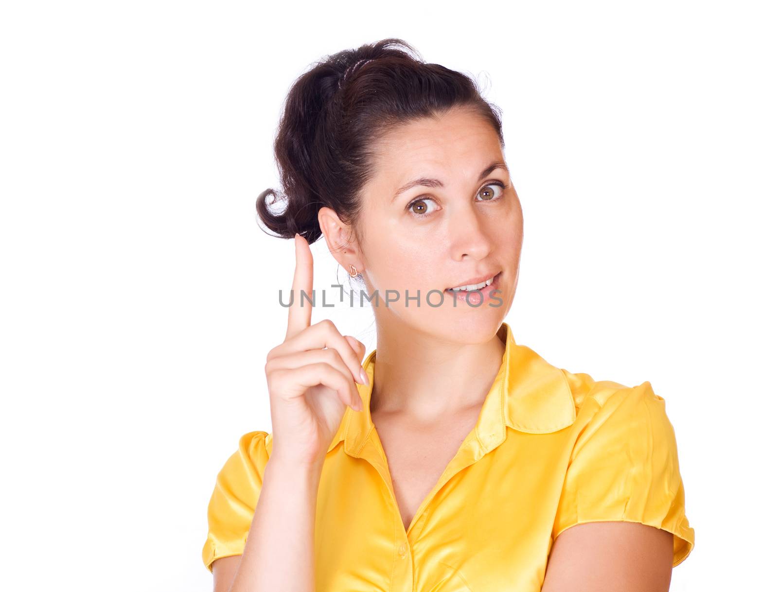 Young beautiful business woman presenting. Isolated over white background