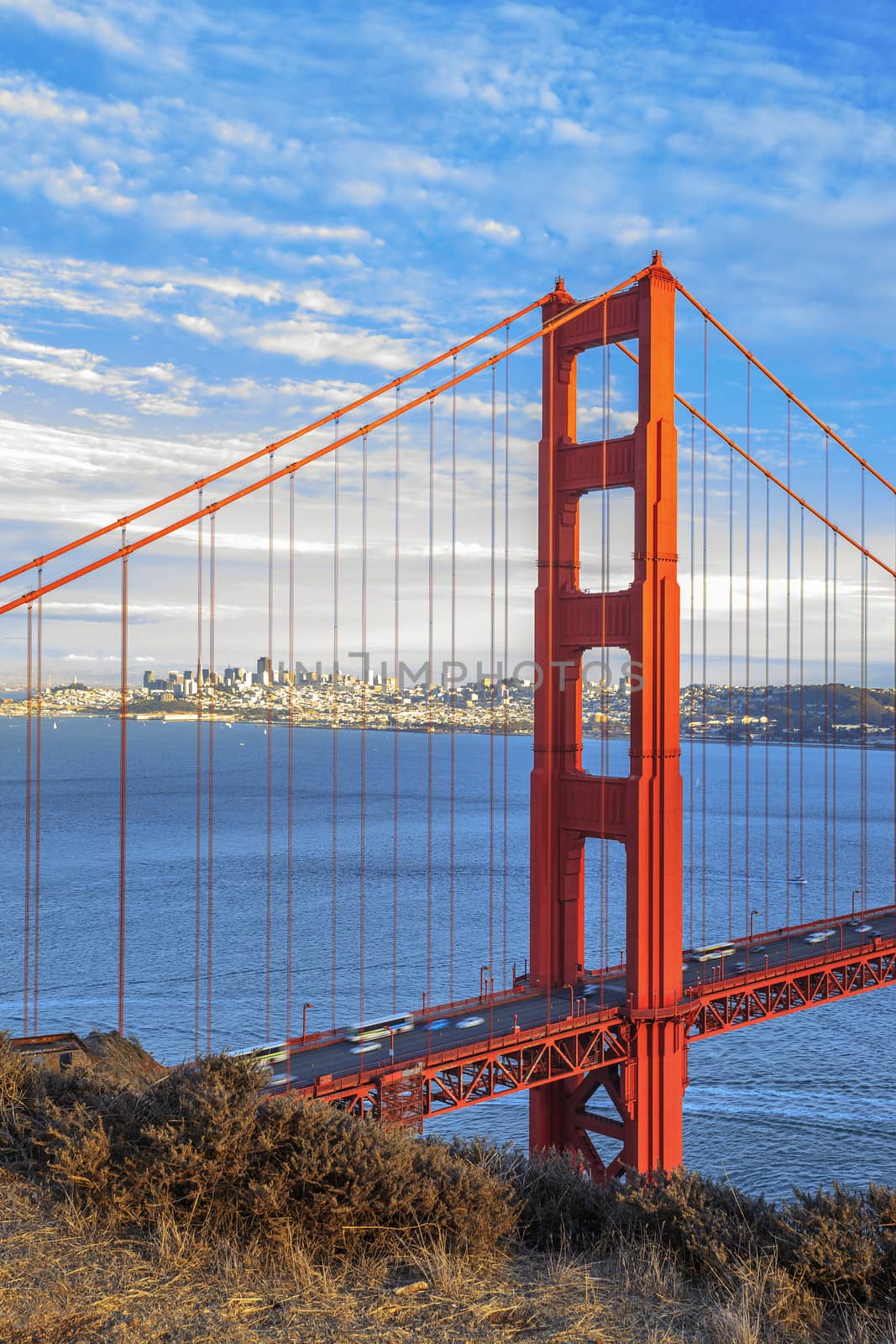 vertical view of famous Golden Gate Bridge in San Francisco, California, USA 