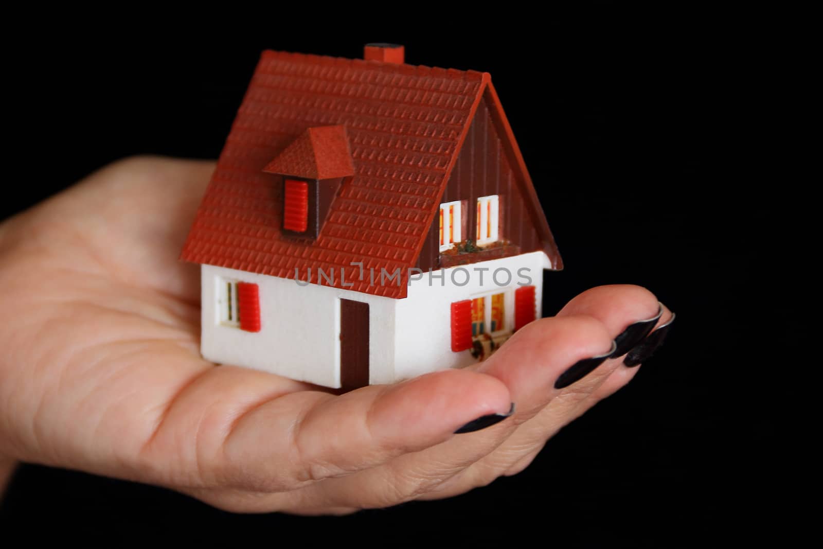 Image of dollhouse in human hand on black background